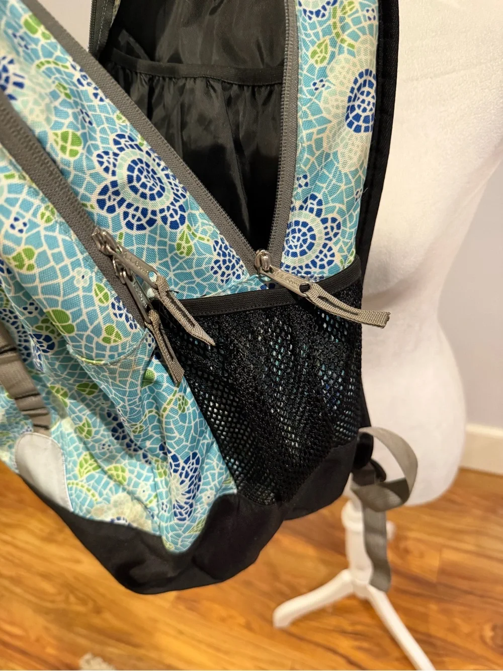 L.L. Bean Light Blue Floral Mosaic Backpack with Navy Accents